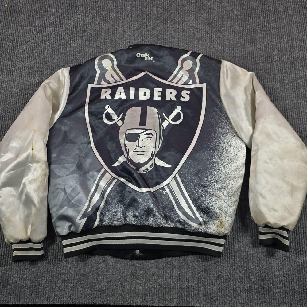 Vintage Oakland Raiders Jacket Mens XL Black NFL Football Satin Chalk Line USA